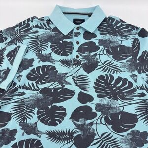 7Diamonds Polo Shirt Tropical Monstera Leaf Print Mens Large Aqua Blue Navy